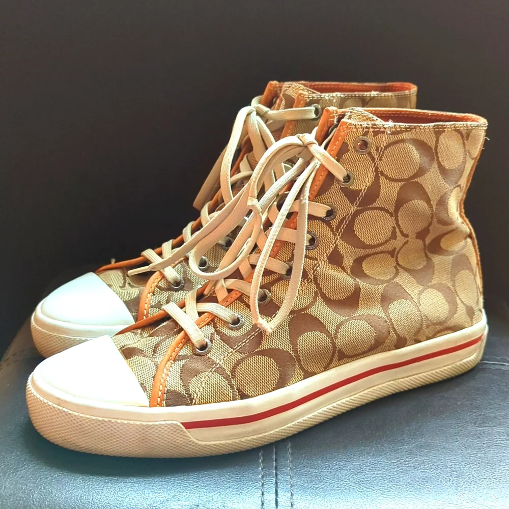 Coach Tan Signature High-Top Sneakers — Tan/White